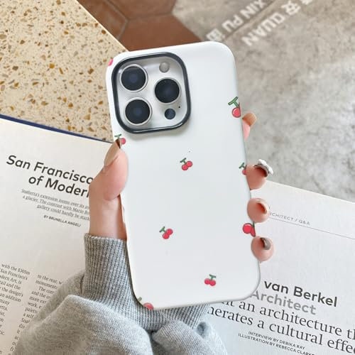 Phone Case Compatible with iPhone 16 Pro 6.1, Soft Silicone with Cute Cherry Design Aesthetics Pattern Cover, Ultra Slim Fit PC & TPU Shockproof Bumper Phone Cover (iPhone 16 Pro) White