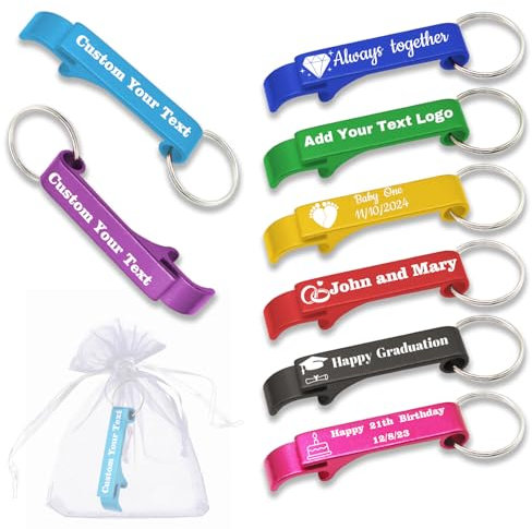 SYSTUTY 60pcs Personalized Aluminum Bottle Opener Keychains with Engraved Text Logo, Customized for Party, Wedding, Birthday, Bar