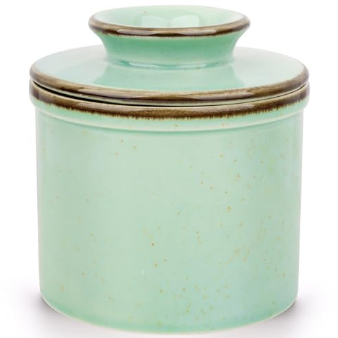 Jersinwei French Butter Dish with Lid, Reactive Glaze Butter Crock with Waterline for Fresh Butter Spreadable, Ceramic Butter Keeper for Countertop Dishwasher Safe -Green