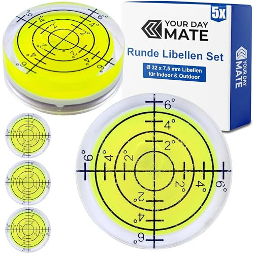 Runde Libellen Set, 5 Stück, mit Ø 32 mm Durchmesser, Wasserwaage mit Beschriftung, Libelle Wasser Waage, Kreis Nivellierung, Dosenlibelle für Wohnwagen, Kamera, Heimwerker, Spirit Level Bullseye Kit