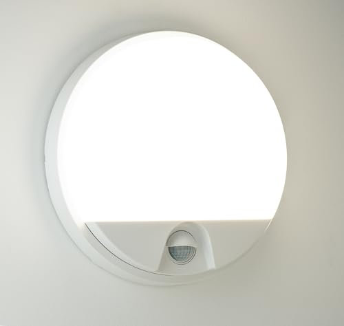 JungesLicht LED Wandleuchte Rund Bewegungsmelder weiss, 15Watt 1350Lumen, 4000K, IP54, PIR Sensor 9m Reichweite, Lichtdauer & Dämmerungssensor, Innen & Aussen, Deckenleuchte, Lebensdauer 60.000 Std.