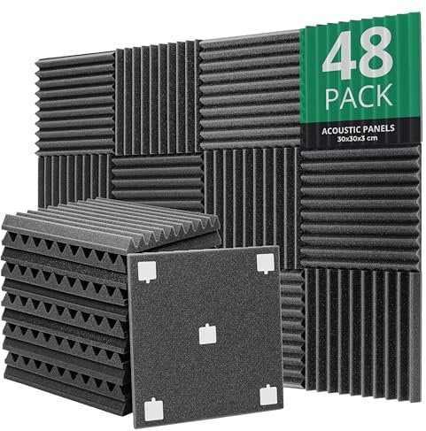 ROVSON 48 Panneaux de Mousse Acoustique avec Autocollants, 30x30x3cm, Mousse Anti-bruit Panneaux Acoustiques Ignifuges pour Studios D'enregistrement, Bureaux, Studios de Danse, Streamers