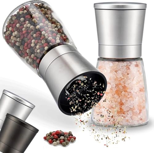 Edelstahl Salz und Pfeffermühle 3er Set mit Keramikmahlwerk, Gewürzmühle Set mit einstellbarem Keramikmahlwerk, Hochwertiges Edelstahl Gewürzmühlen Set für Salz, Pfeffer & viele weitere Gewürze