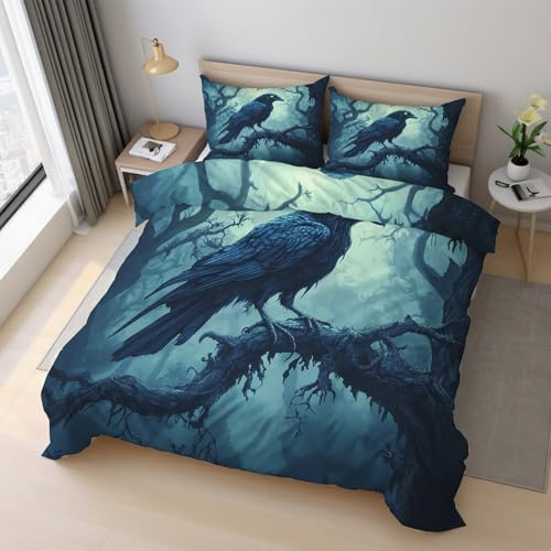 Generisch Gothic Krähe Bettwäsche 135x200cm, Dunkel Rabe Toter Baum Bettwäsche-Sets 2 Teilig, Bettbezug + 1 Kissenbezüge 80x80cm Weich Mikrofaser mit Reißverschluss 21D&-23