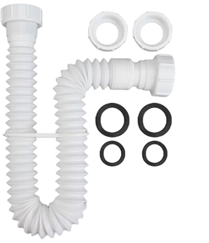 Flexible Sink Drain Pipe P-Trap with Adapter for Kitchen Bathroom Vanity Drainage System 1-1/2 Inch & 1-1/4 Inch Extendable Corrugated Hose 20cm to 80cm Stretch White