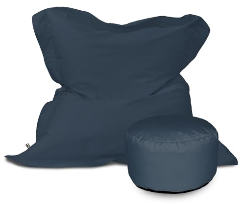rucomfy Beanbags Giant Indoor/Outdoor Adult Squashy Squarbie Bean Bag. Use as Cushion, Chair or Lounger. Water & UV Resistant 170 x 130cm (Navy, with Footstool)