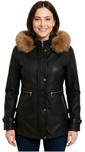 Women’s Real Leather Parka Jacket – Detachable Fur-Lined Hood Trench Coat
