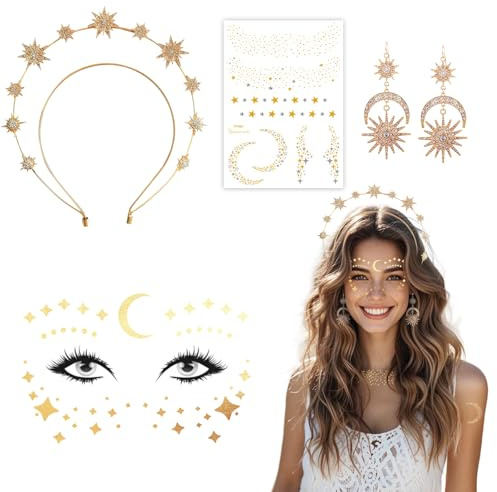 4 Stück Haarreif Sonne Set für Damen, Haarreif Sonne Mond und Sterne, Goldenes Sonnengöttinnen-Haarband Ohrringe Gesichtsaufkleber mit Sternen Temporäres Tattoo für Karneval Cosplay Hallo
