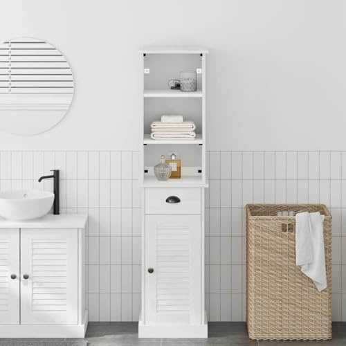 NiuBIKeLasI Badezimmermöbel-Set VIGO, 2-teilig, Weiß Antikweiß, aus Massivholz Kiefer, mit Vitrine und Schrank, für rustikale Bäder, inklusive Stauraum und Regal