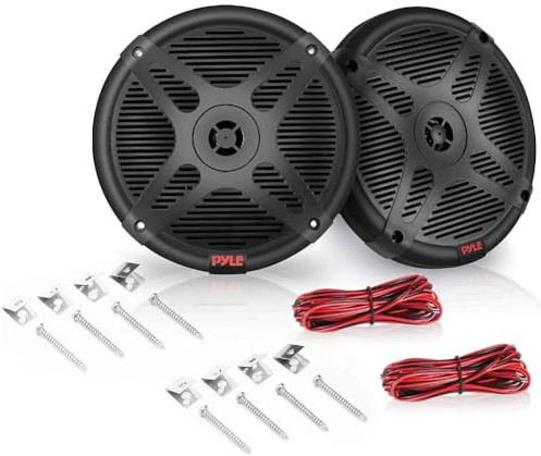 Kit Set para Pyle PLMRBT65B, 2 Altavoces Marinos coaxiales 2 vías con Bluetooth, 16,5 cm 6,5, 300 vatios RMS, 600 vatios máx., 4 ohmios, Resistentes Agua, Pareja + Cables y Tornillos gratuitos
