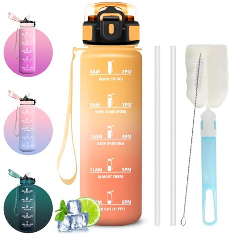 Gourde 1l, Anti Fuite Gourde Sport avec Marqueur de Temps, Facile à Nettoyer, Gourdes avec Paille, Brosses pour Paille et Bouteille, Verrou de Sécurité, Bouteille d'eau pour Fitness, Bureau, Yoga