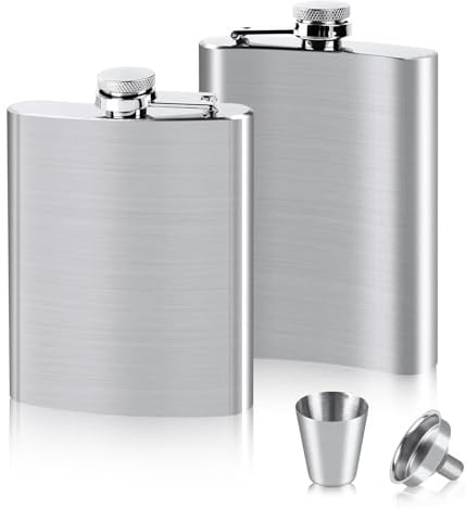 Flachmann Edelstahl 2 Stück, Flachmann Set mit 1 Trichter und 1 Weinbecher Ttragbarer Flachman für Whiskey, Rum, Wodka, Geeignet für Wandern und Party(8 oz. 220ml), Silber