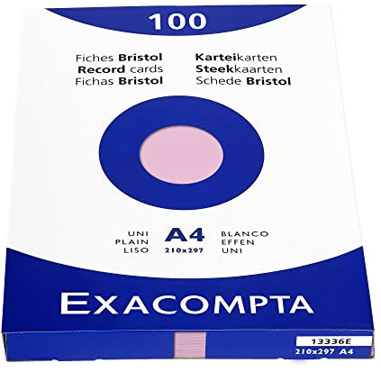 Exacompta 13336E Packung (mit 100 Karteikarten, ungelocht DIN A4, 210 x 297 mm, 205 g, blanko, ideal für die Schule) 1er Pack rosa