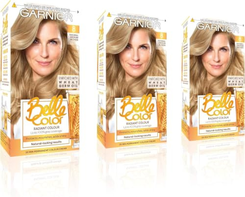 Garnier Belle Color Blonde Hair Dye Permanent, Natural Looking Hair Colour, Up To 100% Grey Coverage - 8 Natural Medium Blonde Pack Of 3