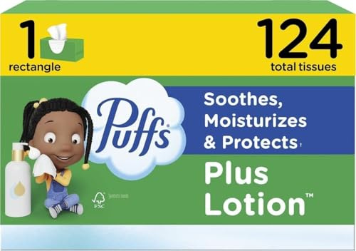 Puffs Plus Lotion Facial Tissues, 1 Family Box, 124 Tissues per Box, Allergies and Colds