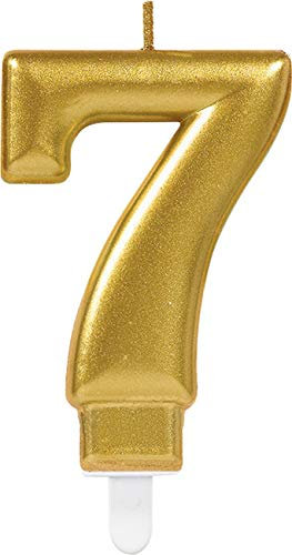 Amscan 9901779 - Zahlenkerze 7, Höhe 9,3 cm, Gold, Kuchenkerze, Geburtstag