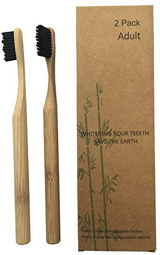 Spazzolino da denti in bambù, set da 2 pezzi, con manico rotondo in legno di bambù e setole ondulate al carbone attivo di bambù, 100% riciclabile, ecologico
