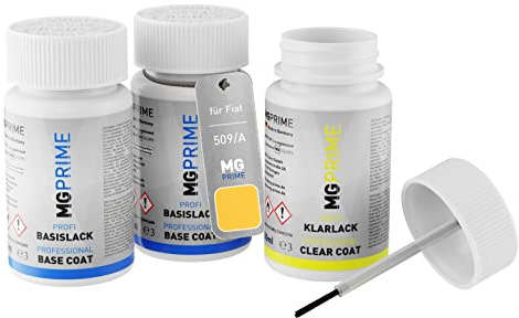 MG PRIME Autolack Lackstifte für Fiat 509/A Giallo Birichino + Klarlack | Sole Gelb, Set aus Grundlack + Basislack + Klarlack, Lackfläschchen mit Pinsel, je 50ml