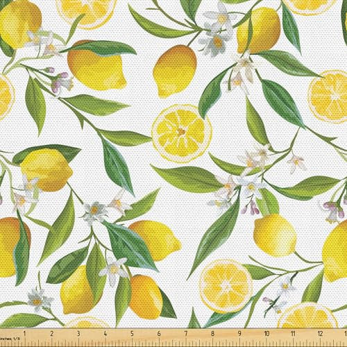 ABAKUHAUS Küche Gewebe als Meterware, Exotischer köstlicher Garten, Schön Gewebten Stoff für Polster und Wohnaccessoires, 1M (148x100cm), Farngrün Gelb Weiß