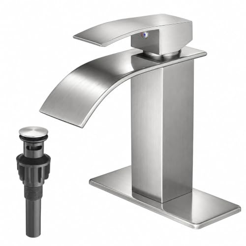 Waterfall Spout Single Handle Bathroom Faucet Brushed Nickel Commercial Modern Lavatory Deck Mount