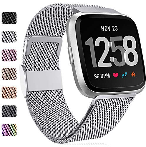 Faliogo Ersatzarmband Kompatibel mit Fitbit Versa Armband/Fitbit Versa 2 Armband, Edelstahl Metall Ersatz Armbänder Kompatibel mit Fitbit Versa 2/Versa/Versa Lite, Klein, Silber