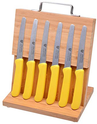 GRÄWE 6 Frühstücksmesser, Brötchenmesser, Tafelmesser, Spezial-Messerstahl, Messerblock mit Magnetplatte, Magnet Messerhalter Bambus, Edelstahlgriff, sichere Messeraufbewahrung, Gelb