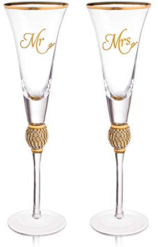 Wedding Champagne Flute - Mr And Mrs Champagne Flute With Gold Rim - Wedding Gift For Couple - Rhinestone Studded Bride And Groom Champagne Glass - Bride Gift - Mr And Mrs Gift Set of 2 By Trinkware