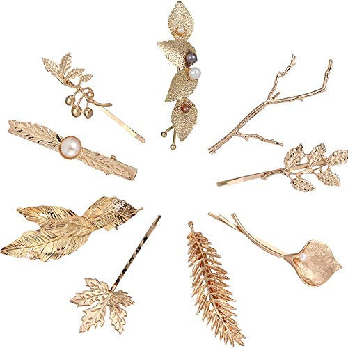 Lot de 9 pinces à cheveux crocodiles en métal doré - Plumes, feuilles et fleurs - Accessoires pour femme, pour mariage et fête