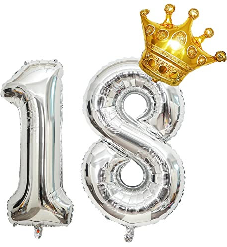 Krone 81,3 cm große Happy Birthday Zahl Folienballon Geburtstag Party Dekorationen Supplies 18. Geburtstag Luftballons Party Dekorationen Silber Zahl Ballon 18 mit Mini-Krone