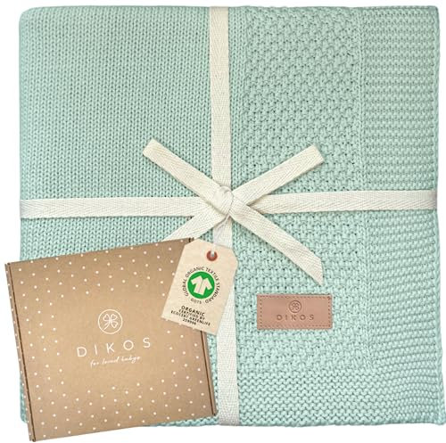 DIKOS® Babydecke mit Bordüre (Mint) – gestrickt aus weicher 100% Bio-Baumwolle (GOTS & Oeko-TEX 100) – atmungsaktive Kuscheldecke für Neugeborene Jungen & Mädchen – schönes Geschenk zur Geburt