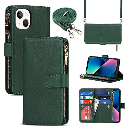 Cavor Crossbody iPhone 13 Case With Card Holder With Strap,Flip Leather Wallet Case,[9 Card Holder] Zipper Detachable Lanyard Phone Case Cover for Women for iPhone 13 - Dark Green