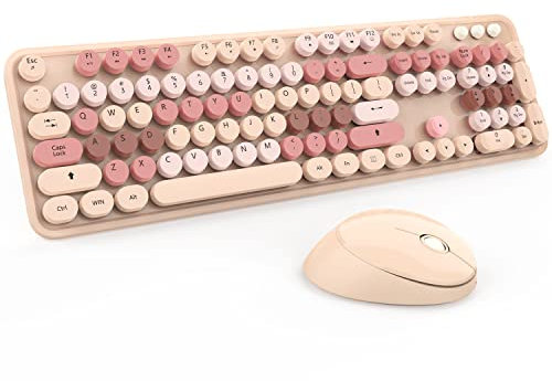 Kootop Wireless Keyboard and Mouse, Cute Keyboard and Mouse, 2.4G Wireless Keyboard with Retro Round Keycap for PC, Mac, Laptop,Tablet,Computer Windows (Milk Tea)