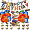 HOT WHEEL Rennwagen zum Aufhängen, Swirl-Dekoration Auto-Thema alles Gute zum Geburtstag Banner für Geburtstag Kinder Jungen Partyzubehör einschließlich Banner Luftballons Cupcake-Topper