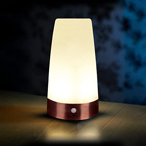 Auraglow Rechargeable Motion Sensor Table Lamps Round 2 Pack, LED | USB charged wireless PIR, warm beam within 6ft, for hallway, bedside, stairs and landing, copper effect base