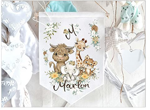 Namensschild Türschild fürs Kinderzimmer - Personalisiert Dschungel Babygeschenk Filz Wimpel Name Deko