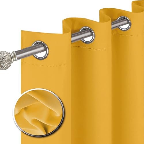 funky gadgets Blackout Curtains for Bedroom 108 Inch Drop Thermal Insulated Eyelet Curtains & Drapes Black Out Curtain for Kitchen, Living Room 2 Panels (90x108 Inch Yellow)