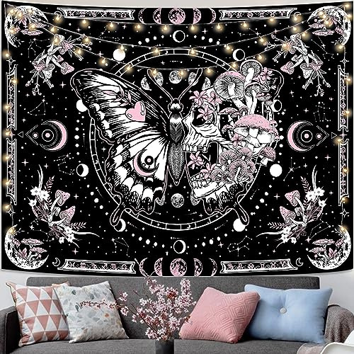 Fungarth Skelett Schmetterling Wandteppich Rosa Schädel Hippie Pilz Pflanzen Wandteppich für Schlafzimmer Mondphase Ästhetische Wandteppiche Wandbehang für Wohnzimmer Wohnheim (Rosa, 152,4 x 111,8 cm)