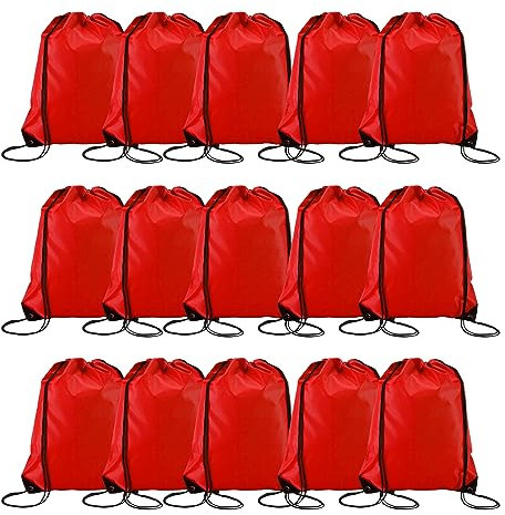 Playcrate Lot de 15 sacs à dos avec cordon de serrage – Sacs cadeaux de fête et sac de sport pour salle de sport, école, voyage, Rouge, 43 x 34 cm