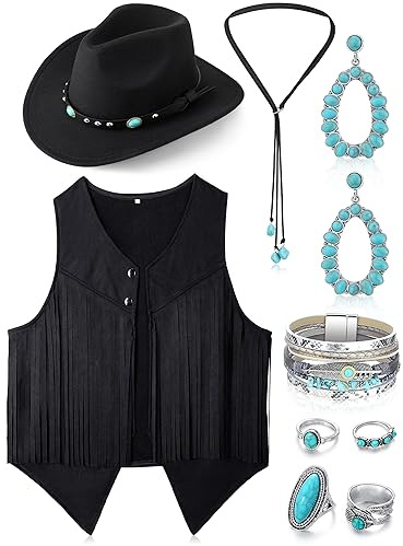 Suhine Western-Outfits für Damen, Cowgirl-Fransenweste, Boho-Cowboyhut, türkis, Schmuck-Set für Halloween-Kostüm, 9 Stück, Schwarz, XL