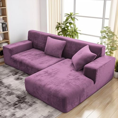 wiipara Dicker Samt Sofabezug L Form, Stretch Couch Überzug Universal Sofa Cover, Super Weich Plüsch Sofa Überzug Luxus Couchbezug(L-Form Ecksofa erfordert Zwei)- Sofabezug 2 Sitzer, Lila