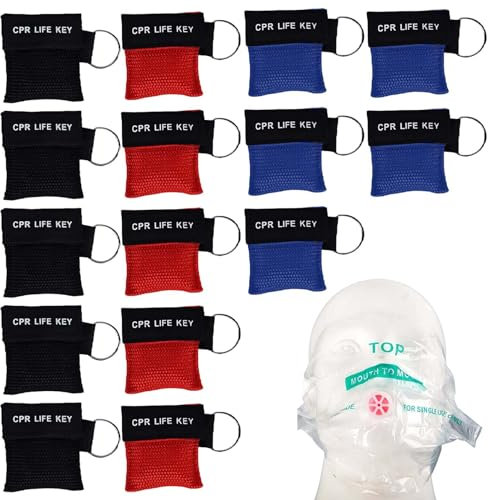 15 Stück Beatmungsmaske Schlüsselanhänger, CPR Maske Schlüsselanhänger, Beatmungstuch Mit Rückschlagventil Atmen Barriere, Taschenmaske für Erste Hilfe oder AED Training(5*rot+5*blau+5*schwarz)