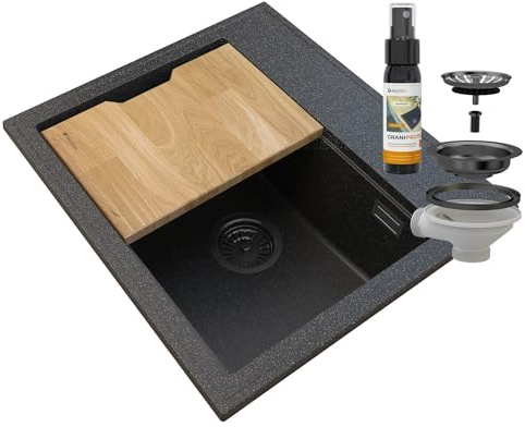 Granitan Waschbecken mit Küchenbrett und Imprägnierung, FOXAL, Schwarz/Gold | hochwertige hitzebeständig Küchenspüle, Schwarz / Gold, Granit Spülbecken mit manuellem Siphon