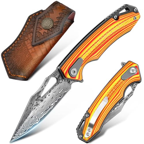 Moontay Outdoor Coltello Damasco Pieghevole, Coltello Tascabile Damasco Affilato con Fodero e Manico G10, Coltello da Caccia Damasco VG10, Bushcraft Sopravvivenza Pesca Campeggio, Regali Uomini