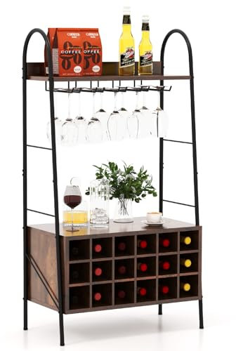 KOMFOTTEU Botellero para 18 Botellas, Estantería para Vino con Soporte para 15 Copas, Organizador de Botellas con Estantes Abiertos para Cocina, Comedor, Bar, 63 x 32 x 114,5 cm