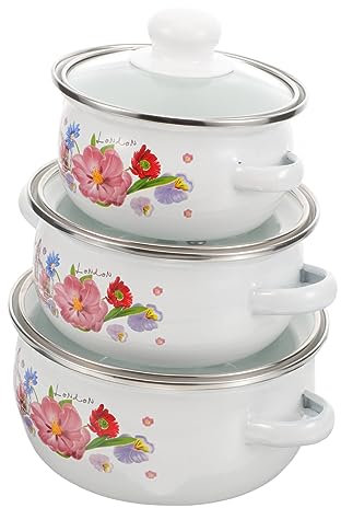 CAXUSD 3stücke Teiliges Emaille Suppentopf Doppelgriffen Hitzeverteilend Vielseitig Für Induktions Gasherde Mit Dekorativem Blumenmuster Glatt Emailliert Und Leicht Zu Reinigen Für Suppen