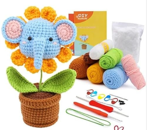 Syntego DIY Cute Blue Elephant Flowerpot Crochet Knitting Starter Kit for Beginners with Step by Step Video Instructions