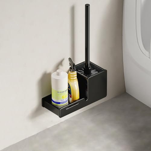 LNGFSH Brosse WC, Aluminium Brosse Toilettes WC Nylon, Balai Toilette WC et Support, Balayette WC Suspendu, Brosse a Toilettes WC Mural sans Percageà, Porte Balai WC Mural (Noir)