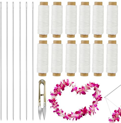 19 PCS Lei Needle Kit Include 6 PCS 12 Inch Graduation Large Eye Lei Sewing Needle 12 Lei Needle Twine 1 Sewing Scissor for DIY Graduation Hawaiian Lei Flowers Wreath Sewing Bead Stitch Craft