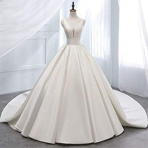 RONGLONG Élégant Double Épaule en v v Manches Courtes Satin Longues Longue Enceinte Une Robe de Mariée en Ligne - Robe Élégante Princesse Vintage (White 22W), Blanc, 10