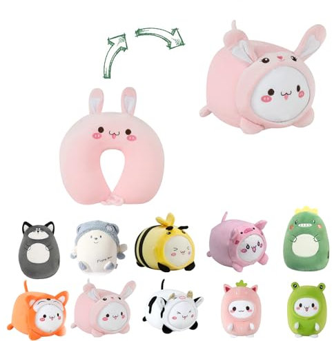 JOYRAVO Coussin de voyage 2 en 1 pour enfant - Coussin de nuque malléable en forme de U doux avec peluches mignonnes - Compagnon de sommeil et de jeu confortable pour avions et voyages (lapins QQ)